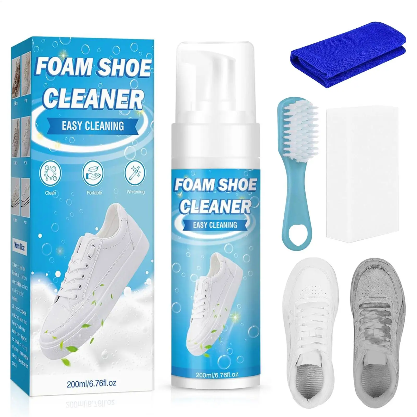 White Shoe Cleaner Foam Stain Remover Sneaker Cleaning Kit Towel No Wash Whitening for Canvas Leather Tennis Boots Travel Home