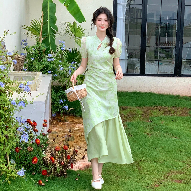 

Новый дизайн, модные элегантные вечерние шикарные китайские платья Ципао, лето 2024, женское зеленое абрикосовое современное платье Cheongsams