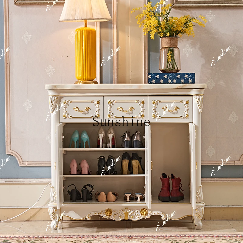 

European solid wood white marble household simple entrance foyer cabinet FT