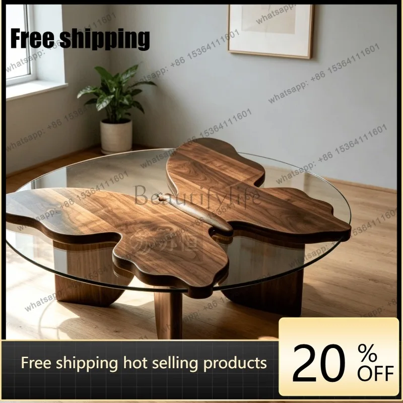 YJ 2026 New Chinese Black Walnut Butterfly Coffee Table Modern Minimalist Irregular Custom Villa Living Room Table