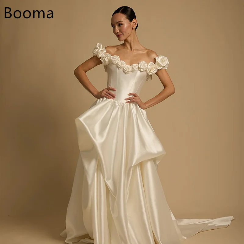 

Booma Simple Off The Shoulder Flowers Princess Wedding Dresses Long Pleat Satin Corset Brides Gown Custom Made 2025