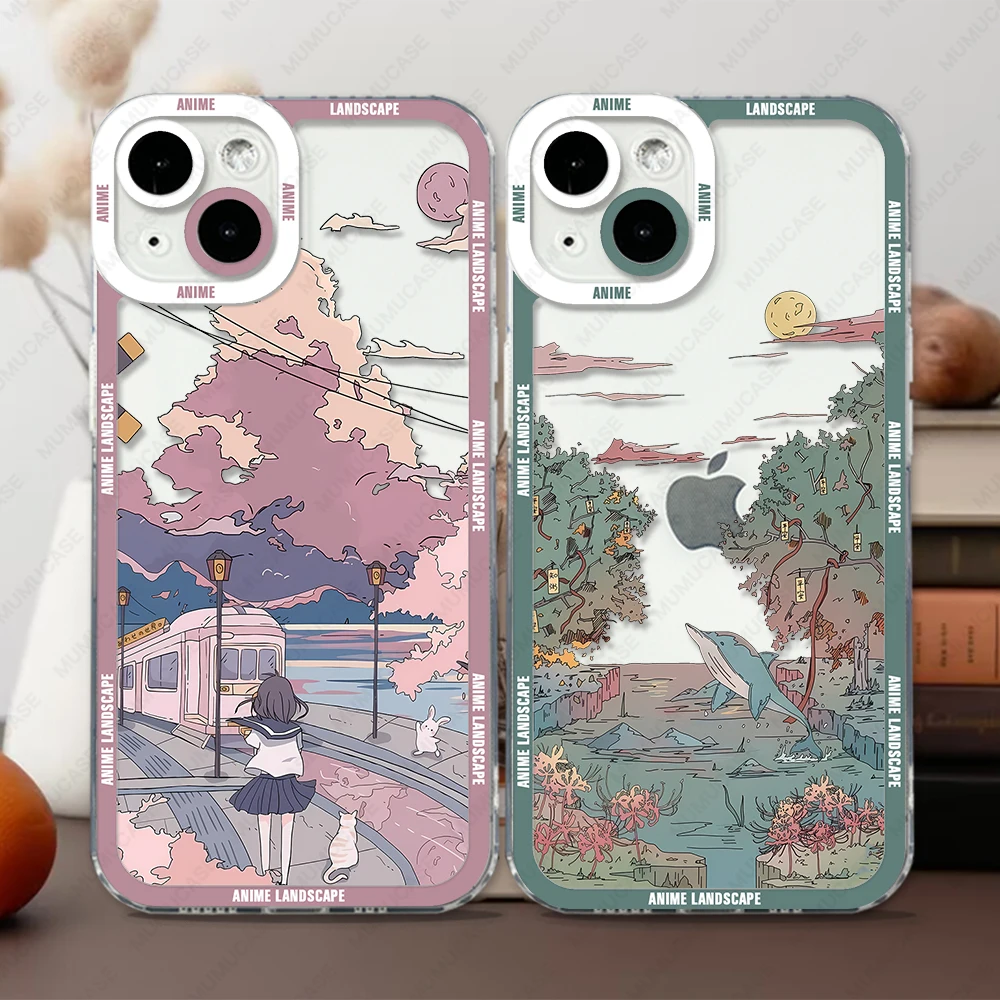 Case For iPhone 16 15 14 13 Pro Max 12 Mini 11 XS X XR SE 7 8 Plus Soft Cover Anime Landscape Cloud Whale