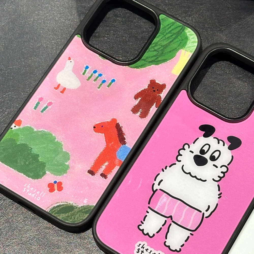 Kawaii Animals Puppy Black Frame Y2K Pink Phone Case For Samsung S23 FE S24 Plus S26 Ultra S25 Edge Anti Drop Resin Casting Case
