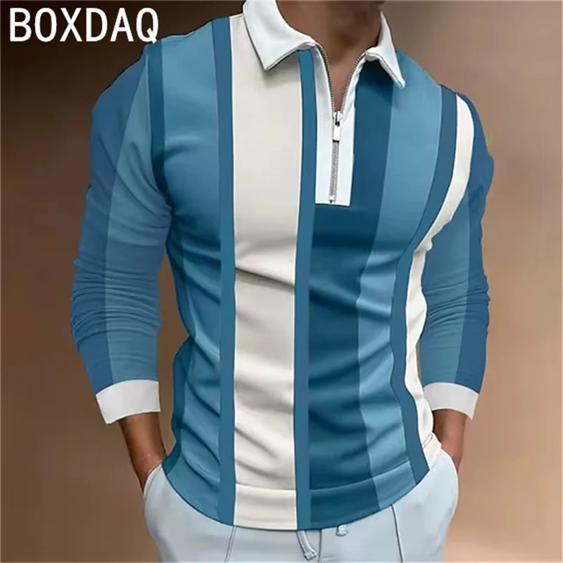 Men Long Sleeve Lapel Zipper Casual Polo Shirt Autumn Winter New Golf Sport Porosity Shirt Tops Striped Print Men Clothing