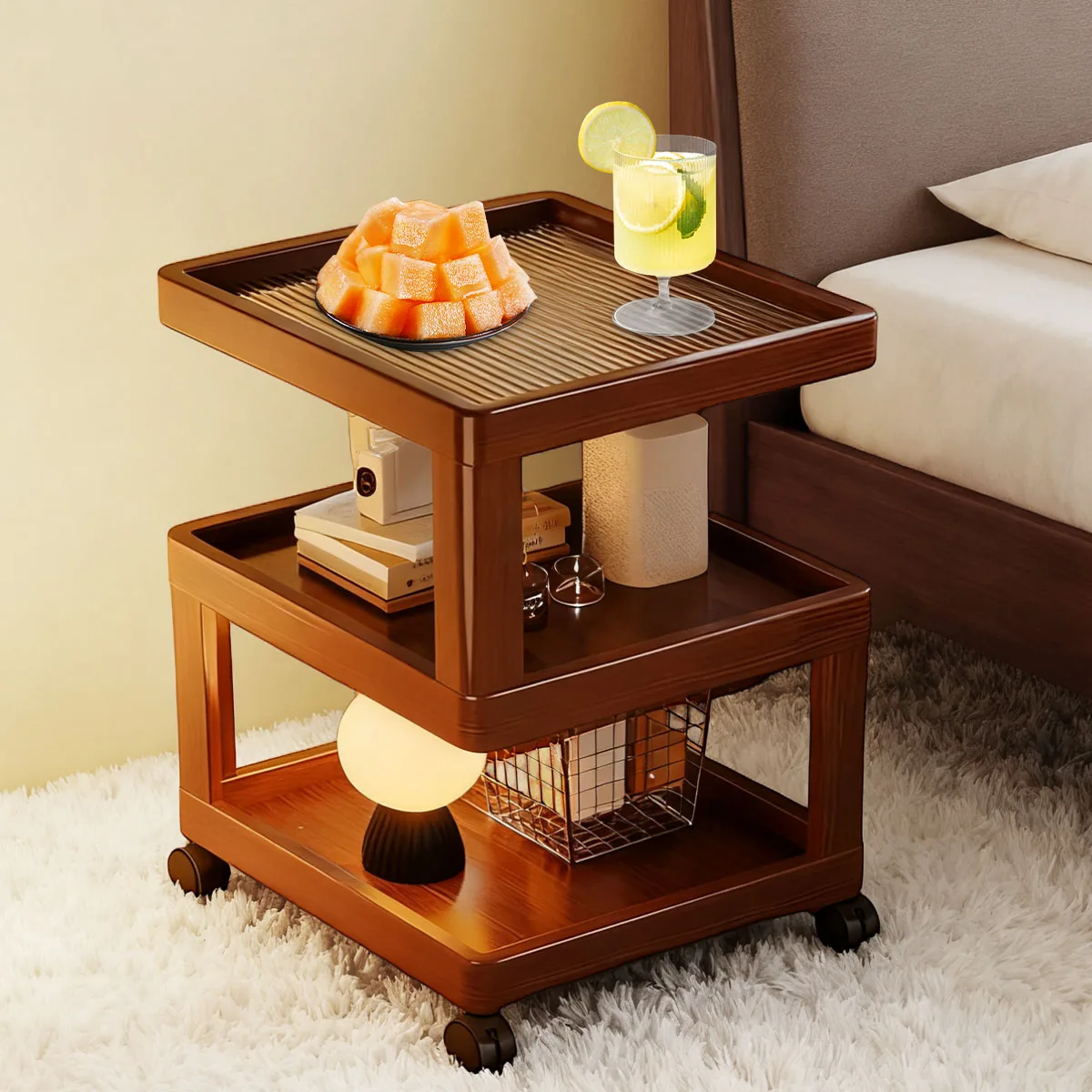 Geometric 3-Tier Bamboo Storage Side Table with Acrylic Surface & Wheels, Tea Brown Living Bedroom Furniture image 3