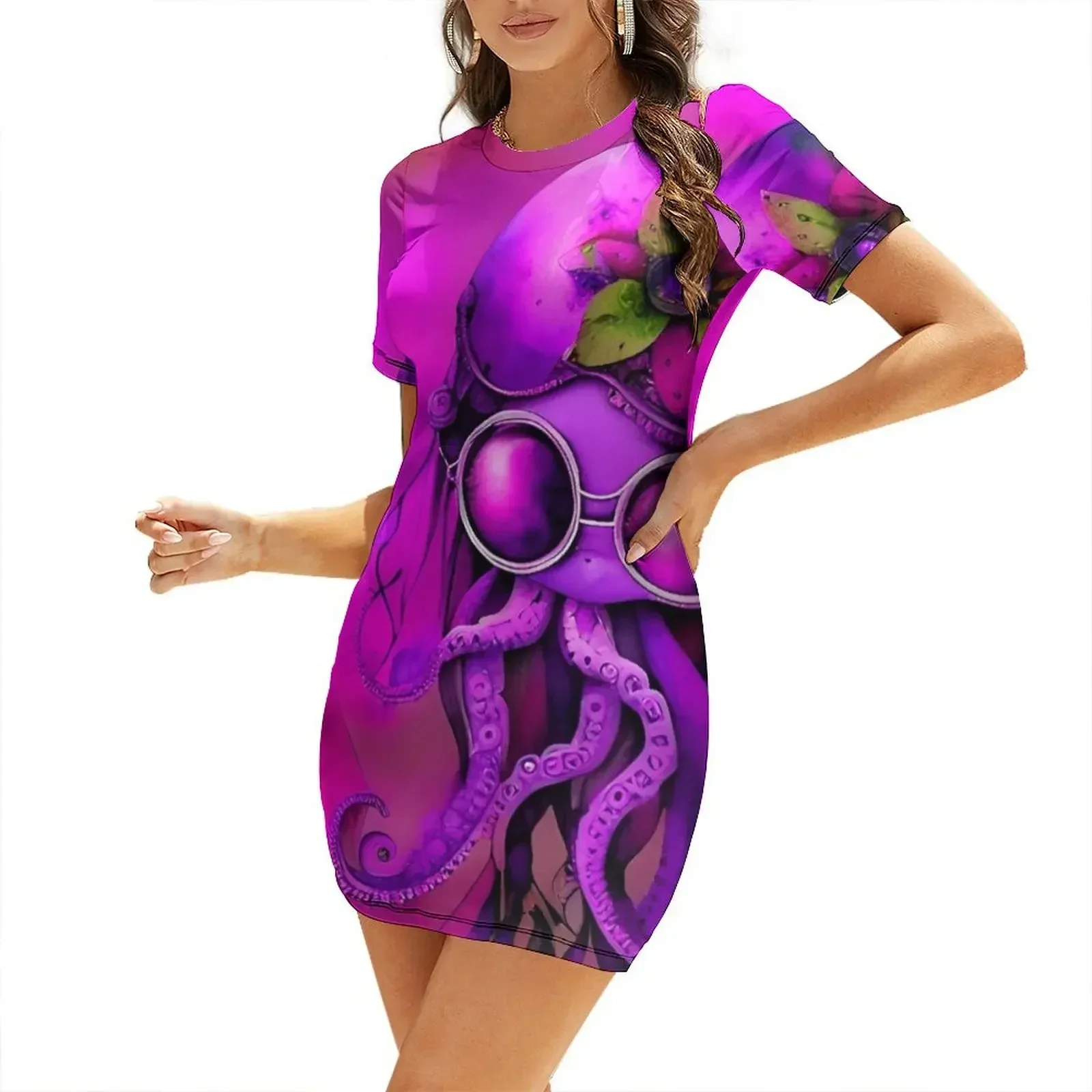 Steampunk Octopus Retrofuturism - Lilac and Pink Cephalopod - AI Generated Art 5 of 8 Short-Sleeved Dress dress for women