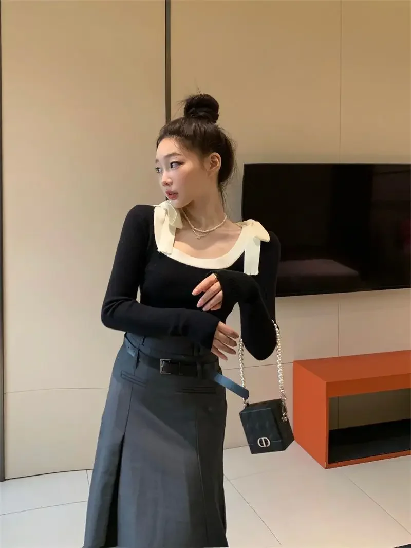 Slim Vintage Bow Bandage Top French Style Sueter Mujer Jersey Square Collar Sweaters Crop Spring New Black Sweater White Shirts