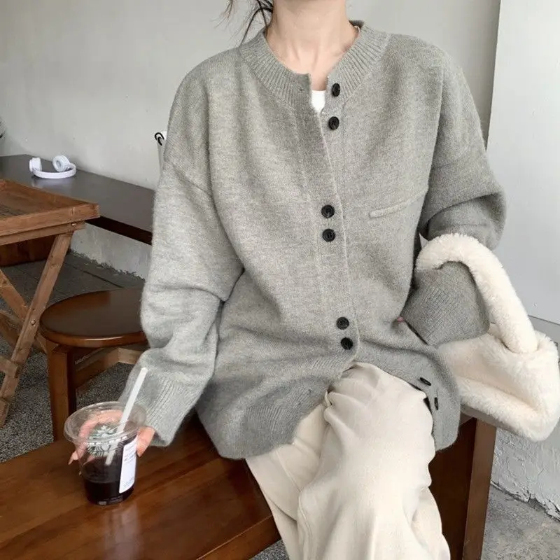 Chuyun Japanese Retro Lazy Gray Knitted Cardigan Women's New Popular Soft and Sticky Sweater Jacket Top