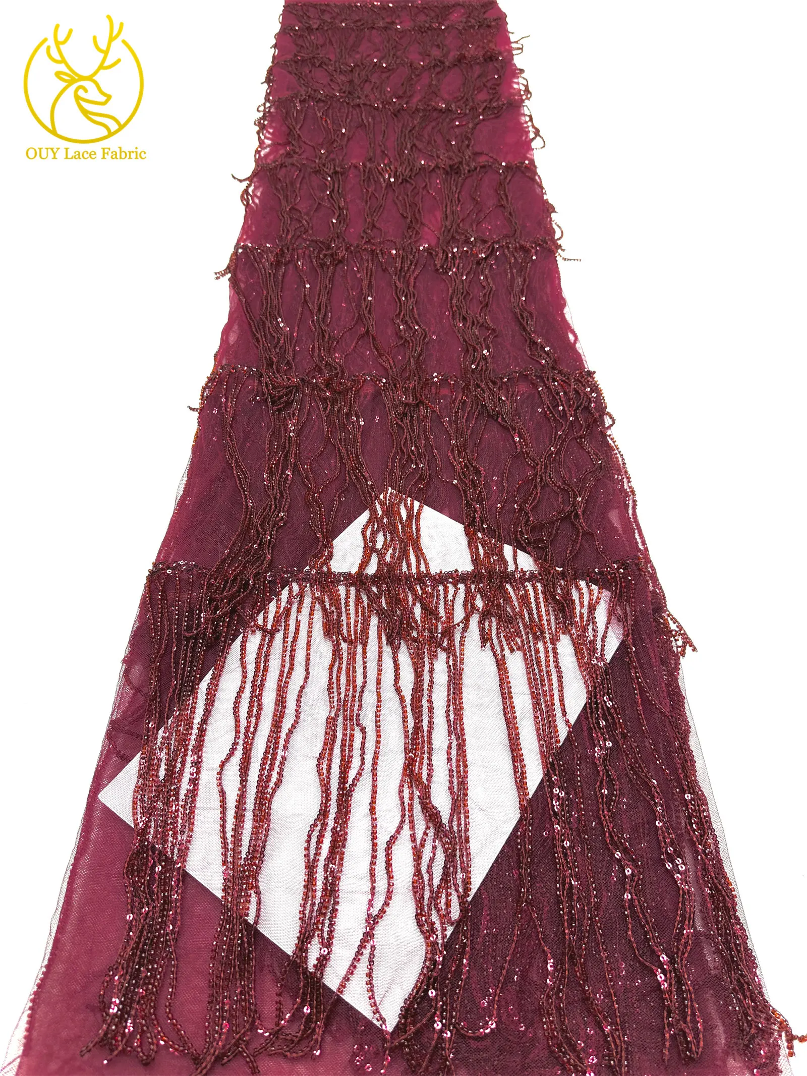Weinroter nigerianischer 3D-Quasten-Perlen-Spitzenstoff, französischer Pailletten-Tüll-Spitzenstoff, afrikanischer Spitzenstoff für Damen, Hochzeitskleid, Nähen – Detail 26