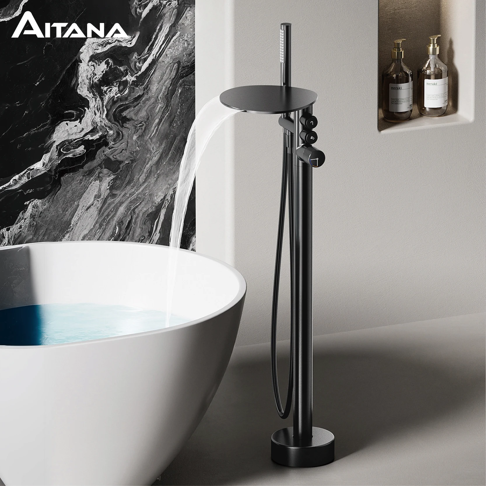 Freestanding Brass Gunmetal Bathtub Faucet 2 Function Hot Cold Mixer Tap Floor Mount Bathroom Tub Shower Modern Home Bath Tap