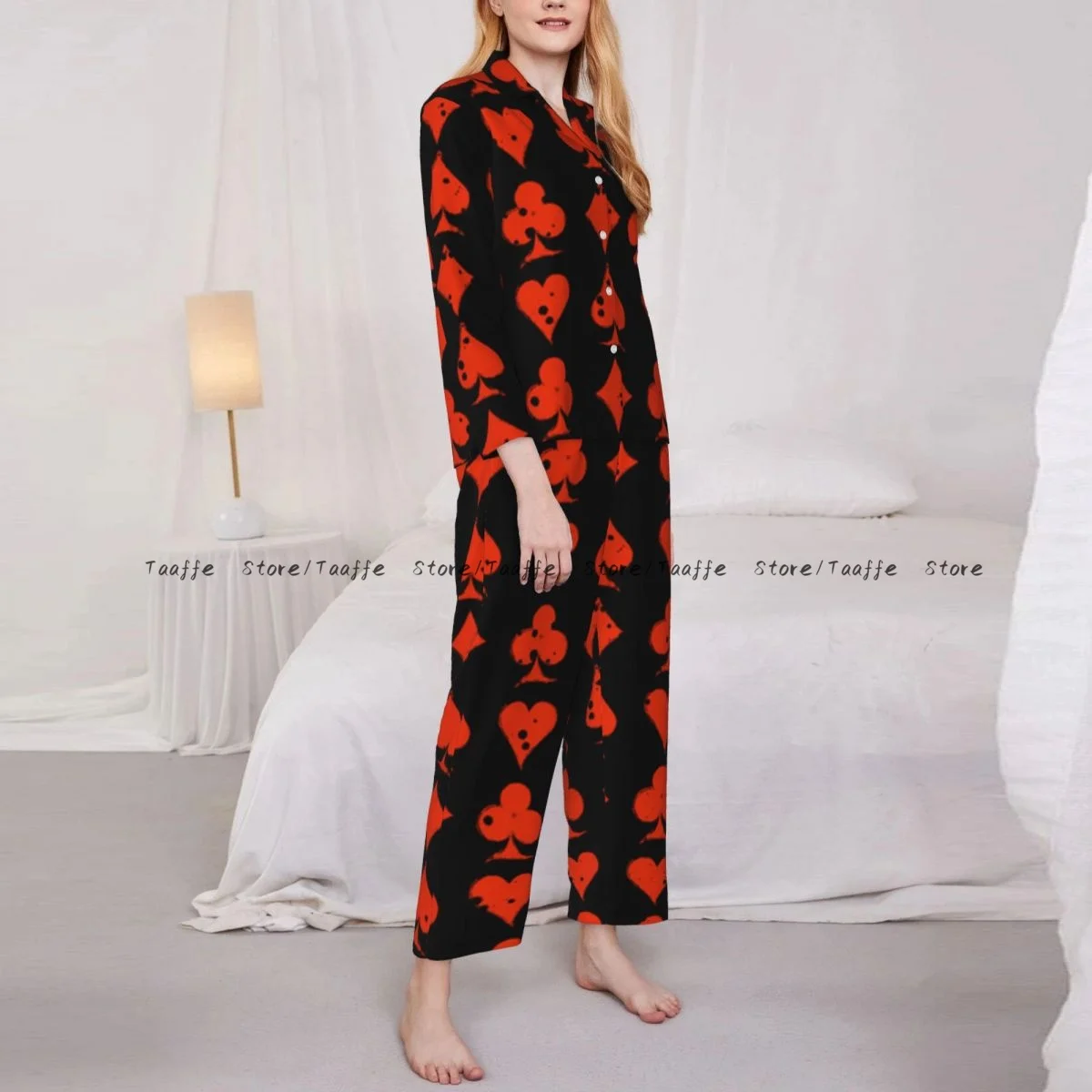 Spring Autumn Long Sleeve Pants Pajamas Loungewear Set Grunge Playing Card With Ink Blot Women's Pull Edge Loose Sleeping Suit