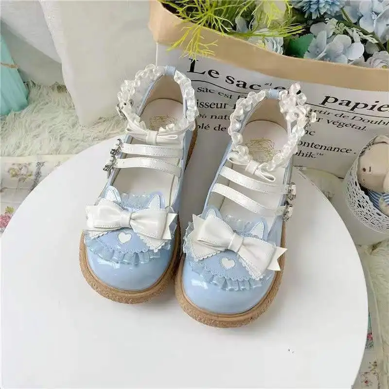 Buty dla kobiet Okrągłe palce Gothic Blue Mary Jane Cute Kawaii Japanese Style Lolita Woman Flats Spring Wysokiej jakości moda koreańska