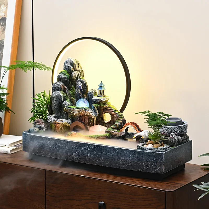 54-*flowing water makes money ornament, living room, entrance, office, feng shui wheel, fish pond circulation water scene