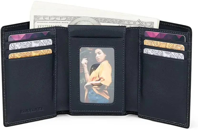 VANNANBA Mens Genuine Leather RFID Trifold Wallet With ID Window Credit Card Pockets (brown)