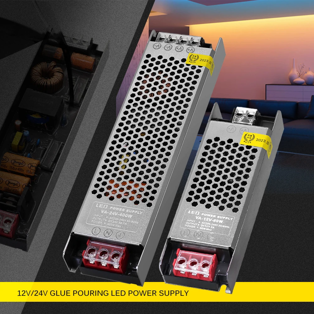 Semi Filled Glue LED power supply 60W 120W 180W 200W 300W 400W LED strip driver AC200-240V to DC 12V 24V lighting transformer