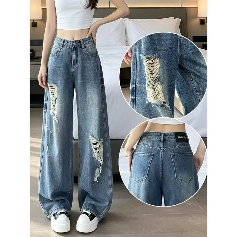 Spot Wholesale Large Size Retro Ripped Scimitar Jeans Women's Summer High Waist Loose And Thin Wide Leg Straight Trousers