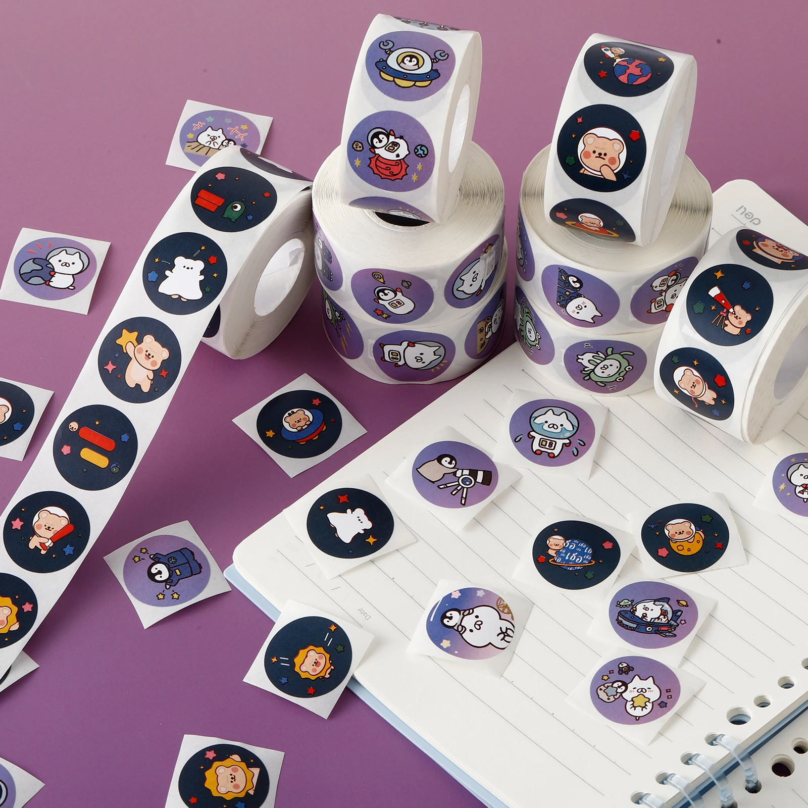 الفضاء الكرتون ملصق 8 أنماط جولة لطيف مختومة ملصقات ورقة / لفة