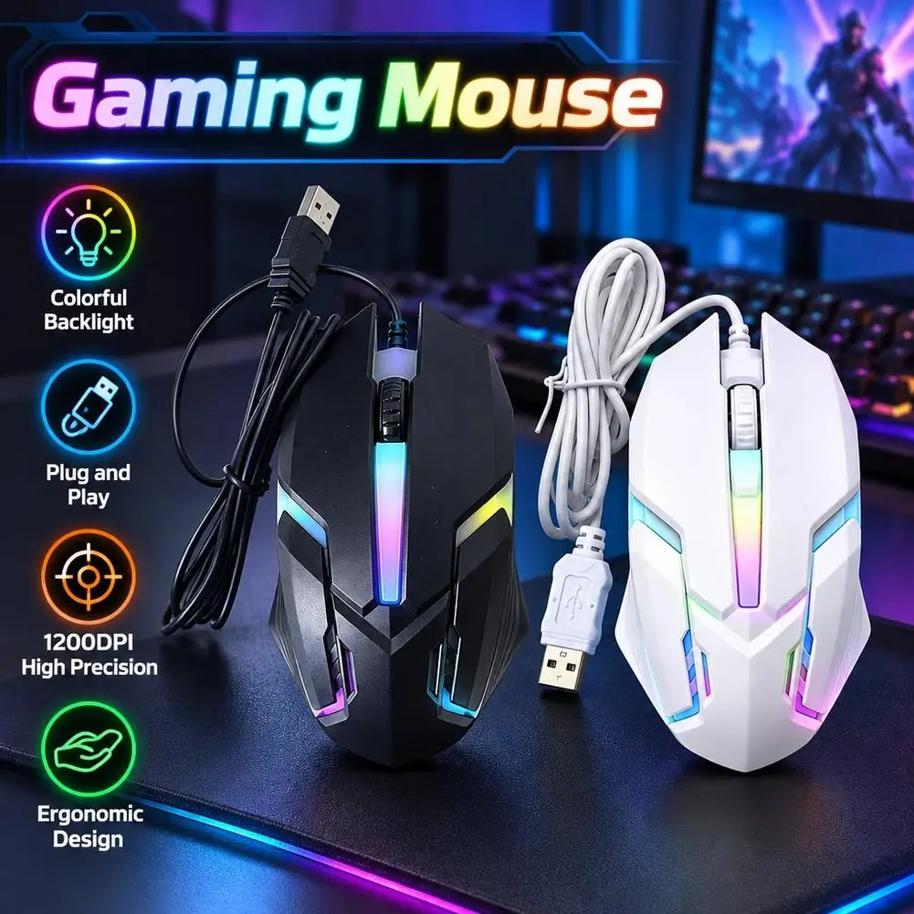 Wired RGB Gaming Mouse Ergonomic USB Optical Mouse 83g Lightweight 800-1200-1600 Adjustable DPI Auto Breathing Multi Color LED