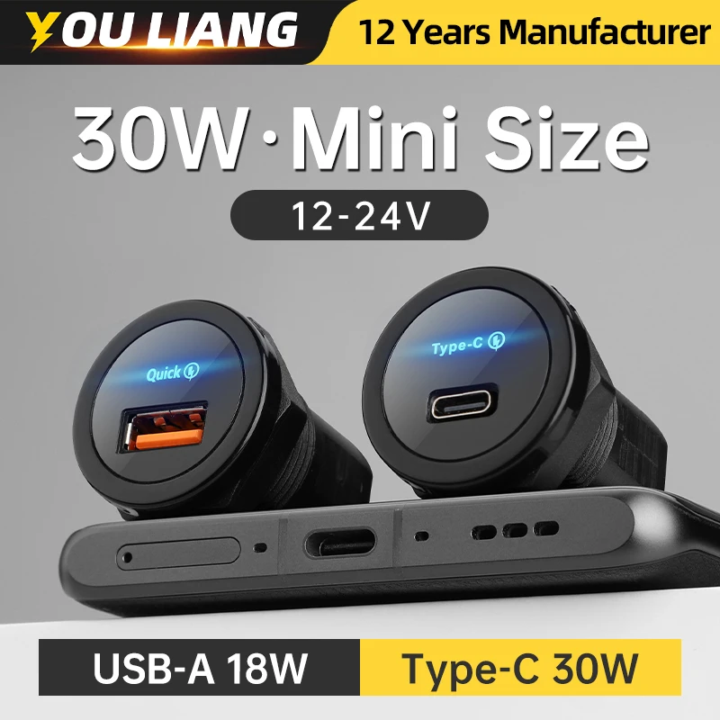 

12V 24V 30W RV Type C USB Power Outlet PD3.0 Port Quick Charge Socket Car Charger for Marine Boat ATV Motorcycl Truck