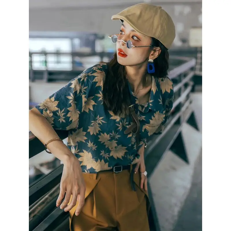 Hong Kong Style Retro Printed Short-sleeved Shirt for Women 2025 Summer New Loose and Versatile Niche Design