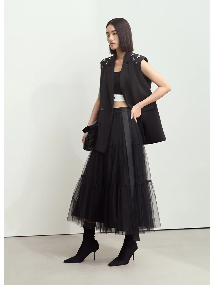 AMII Minimalist High Waist Layered Tulle Maxi Skirt Elegant A-Line Mesh Black White Party Skirts for Women Sweet Skirts 12443071