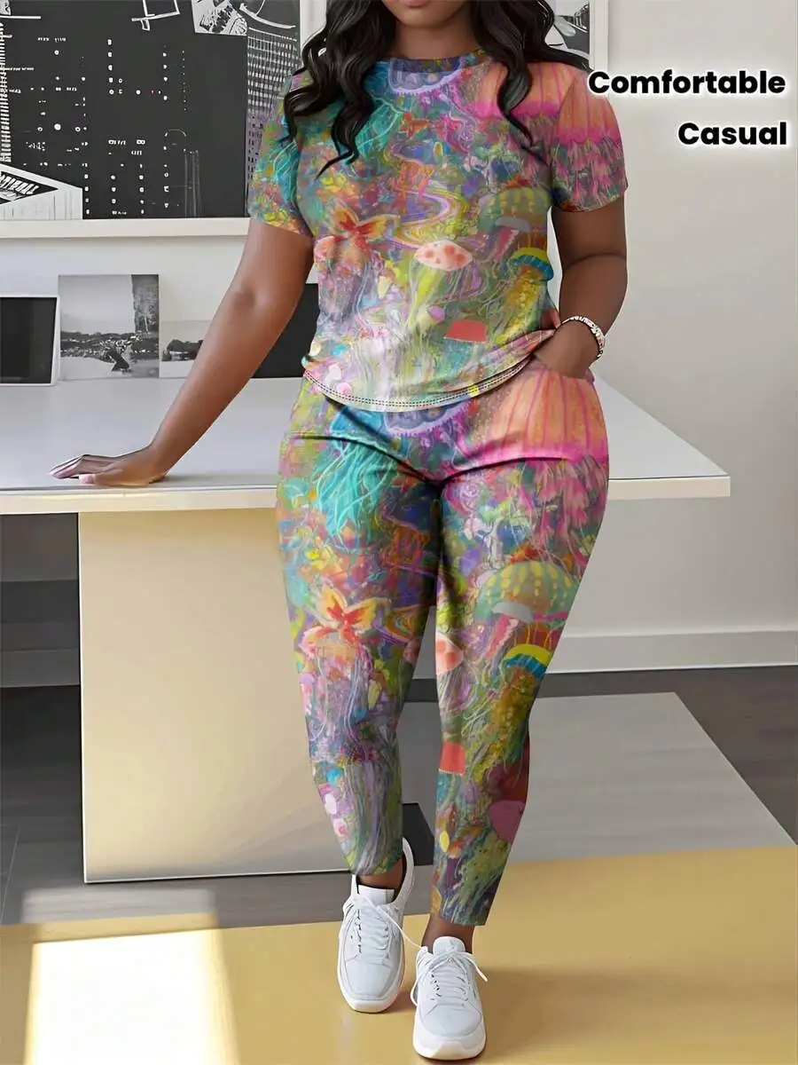 

Women Colorful 3D Print T-Shirt And Pants Set Casual Comfortable Two Piece Outfit Spring Summer