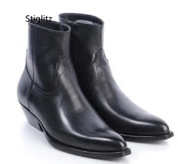 Western Cowboy Ankle Boots for Men Pointed Toe Frosted Leather Chelsea Boots Side Zipper Breathable Heightened Men\'s Shoes