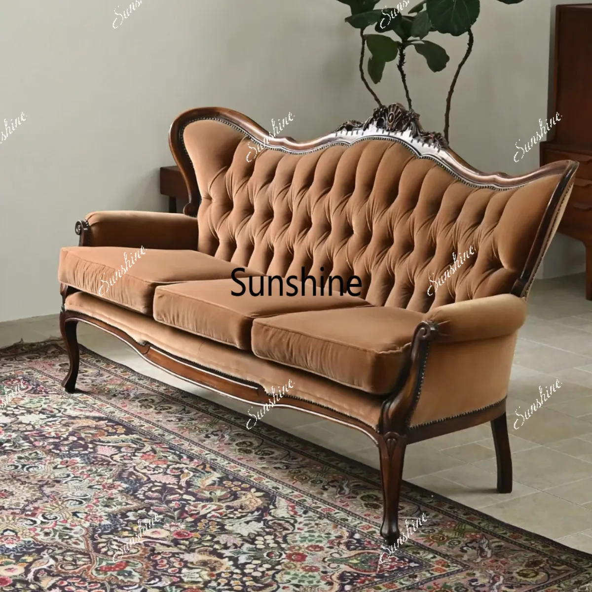 French medieval solid wood carving fabric pull button studio sofa club high back