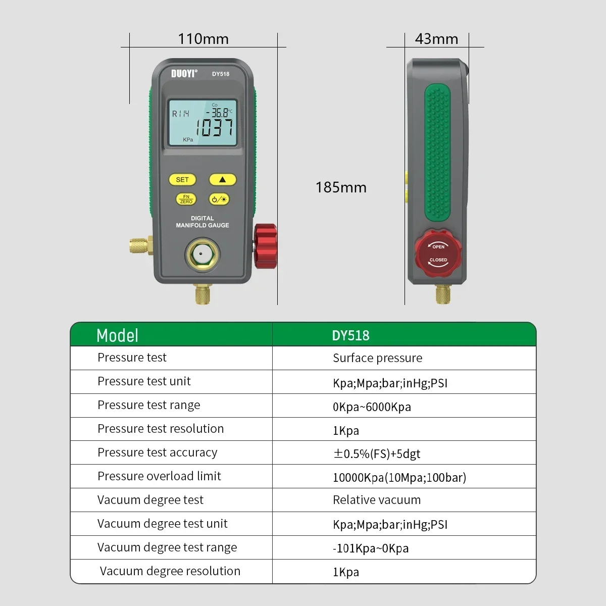Sensitive Electrician DUOYIDY518 Refrigeration Pressure Gauge Manifold Digital Air Conditioning Vacuum Meter Pressure Freon Mano