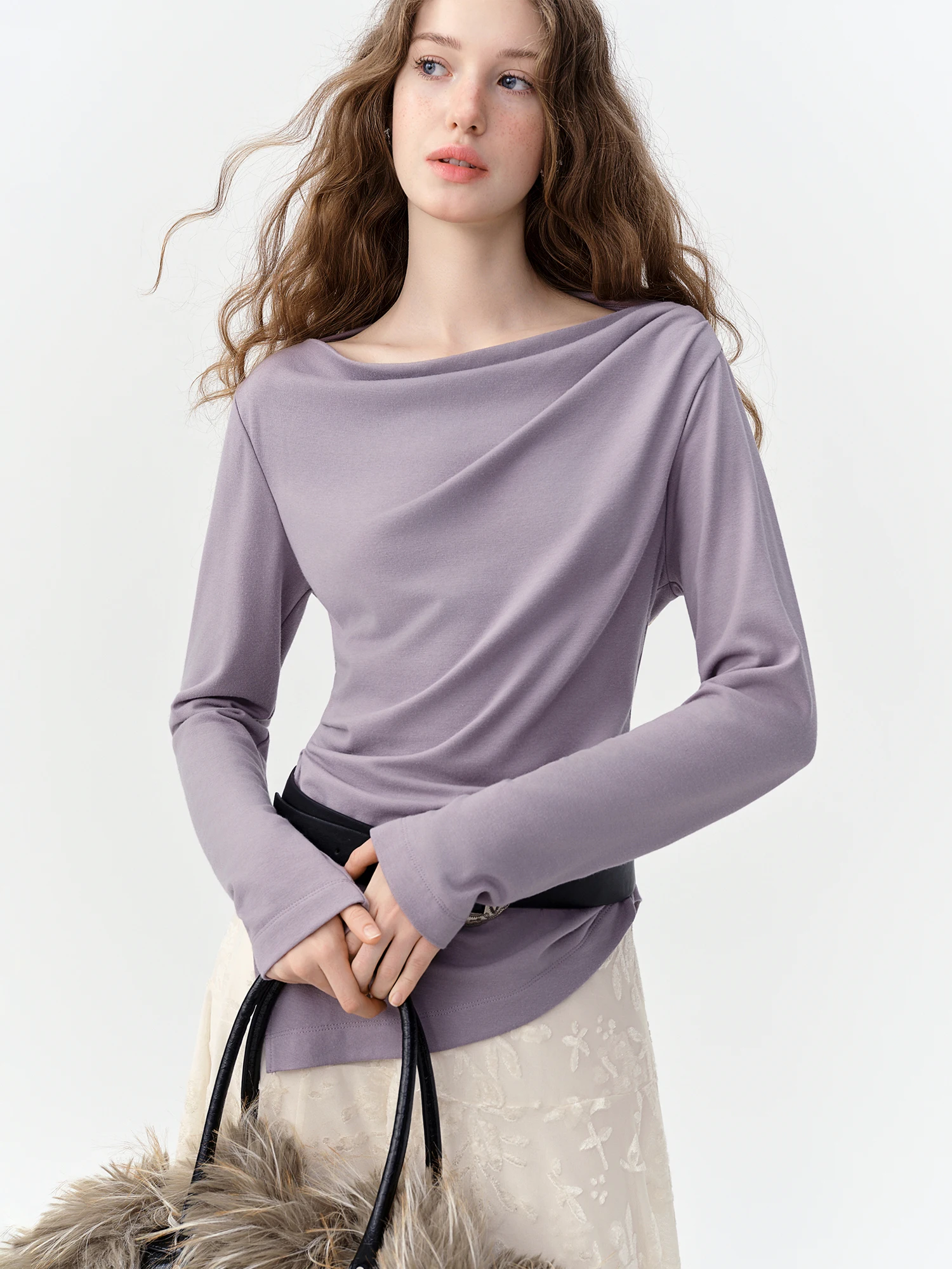 DUSHU Women Off Shoulder Drape Cowl Neck Long Sleeve T-Shirt Commute Minimalist Ruched Slim Draped Elegant Casual Fashion Tee