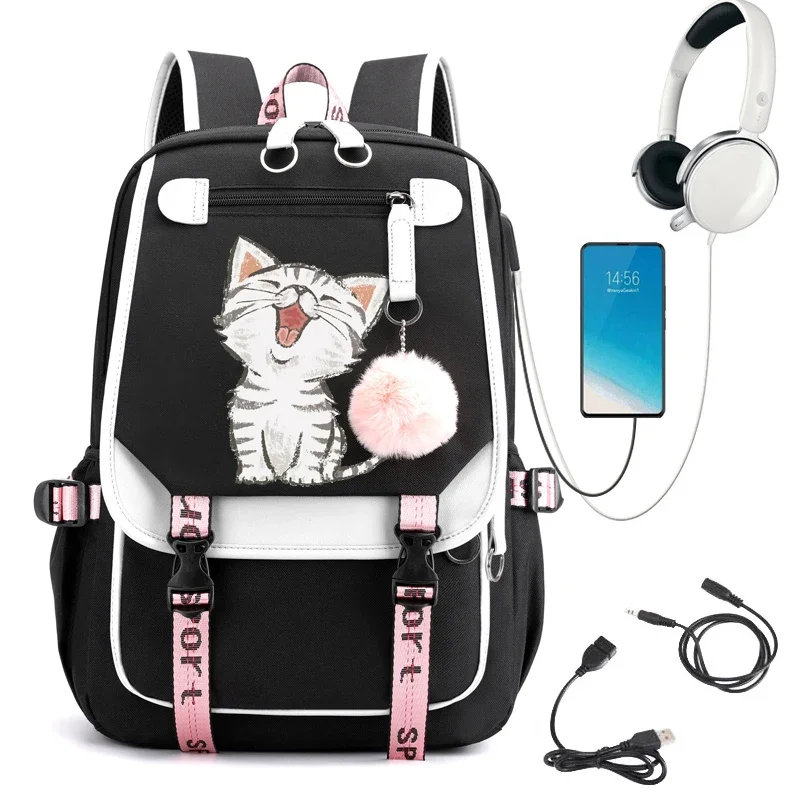 حقيبة ظهر للسفر بشحن USB ، حقائب ظهر مطبوعة من Kawaii Cat ، حقيبة كتب للكمبيوتر المحمول بسعة كبيرة مقاومة للماء ، حقائب عصرية