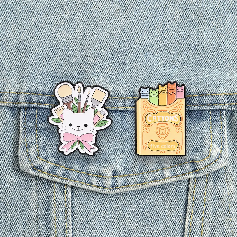 Catyons Crayon Paint Brush Enamel Pins Artist Kitten Brooches Lapel Badges Creative Cartoon Animal Jewelry Gift for Friends