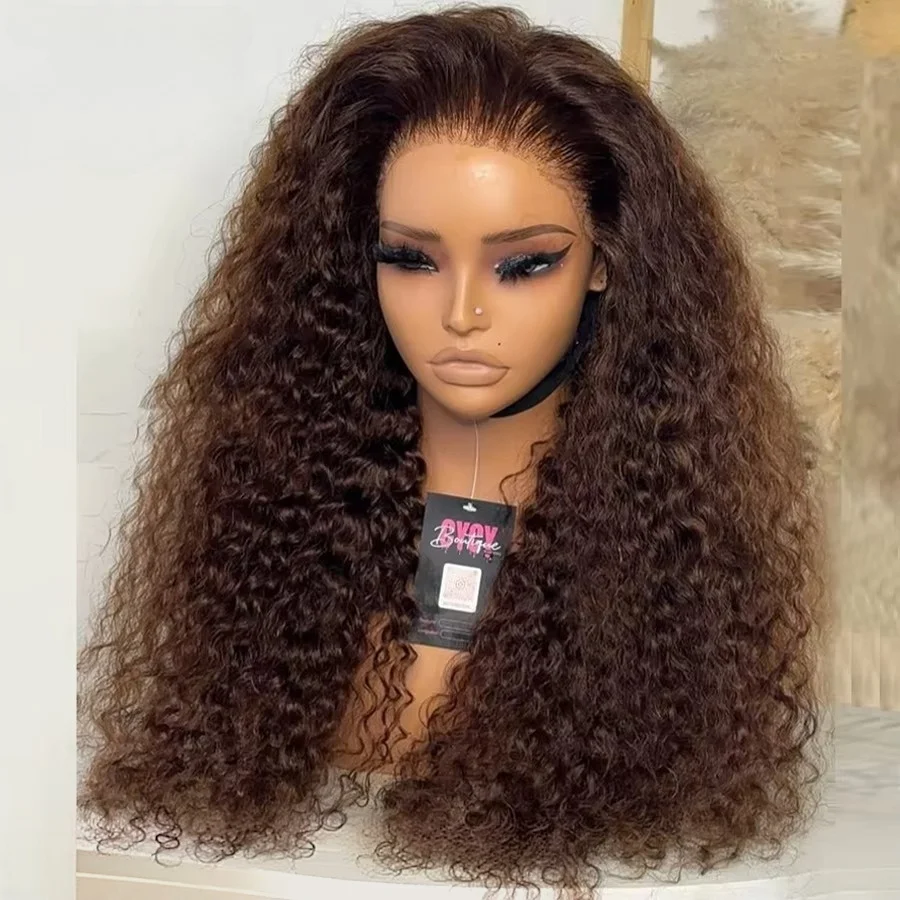 Chocolate Brown Kinky Curly Glueless Lace Front Wig 13x4 HD Deep Wave Lace Wigs With Baby Hair Pre Plucked Synthetic For Women