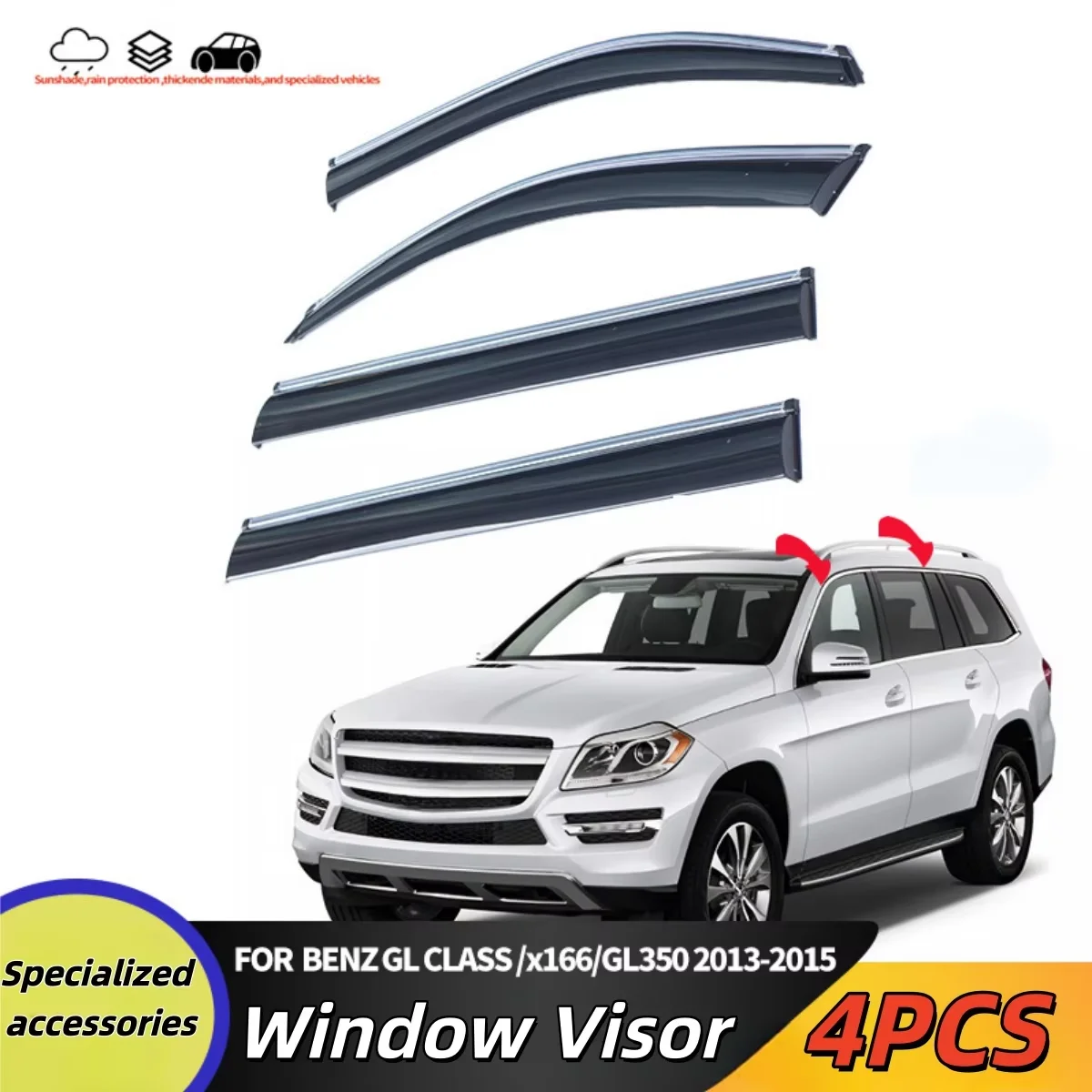 4Piece Windproof PC Window Visor with Sliver Chrome Sun Rain Guards Wind Deflectors For Benz GL Class X166 X 166 2013-2015