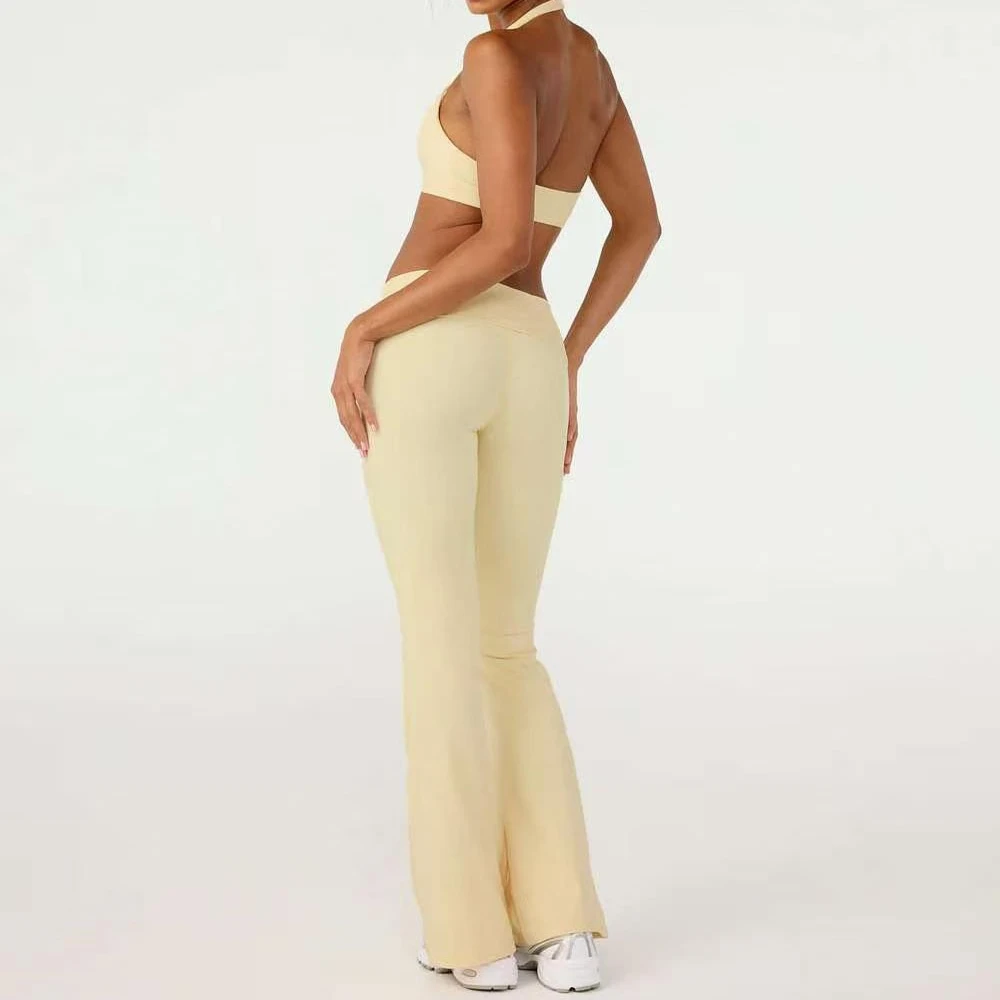 Sexy Halter Backless Sports Bra Yoga Set 2 PCS High Waist Scrunch Butt Fitness Shorts Flare Pants Stretch Gym Women workout set