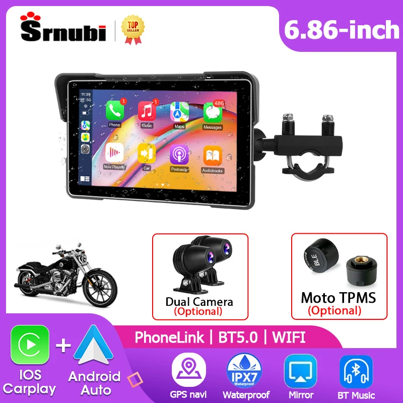 

Srnubi 7" Motorcycle DVR CarPlay Navigation Wireless CarPlay Android Auto Airplay Display Screen Portable Motorbike Monitor TPMS