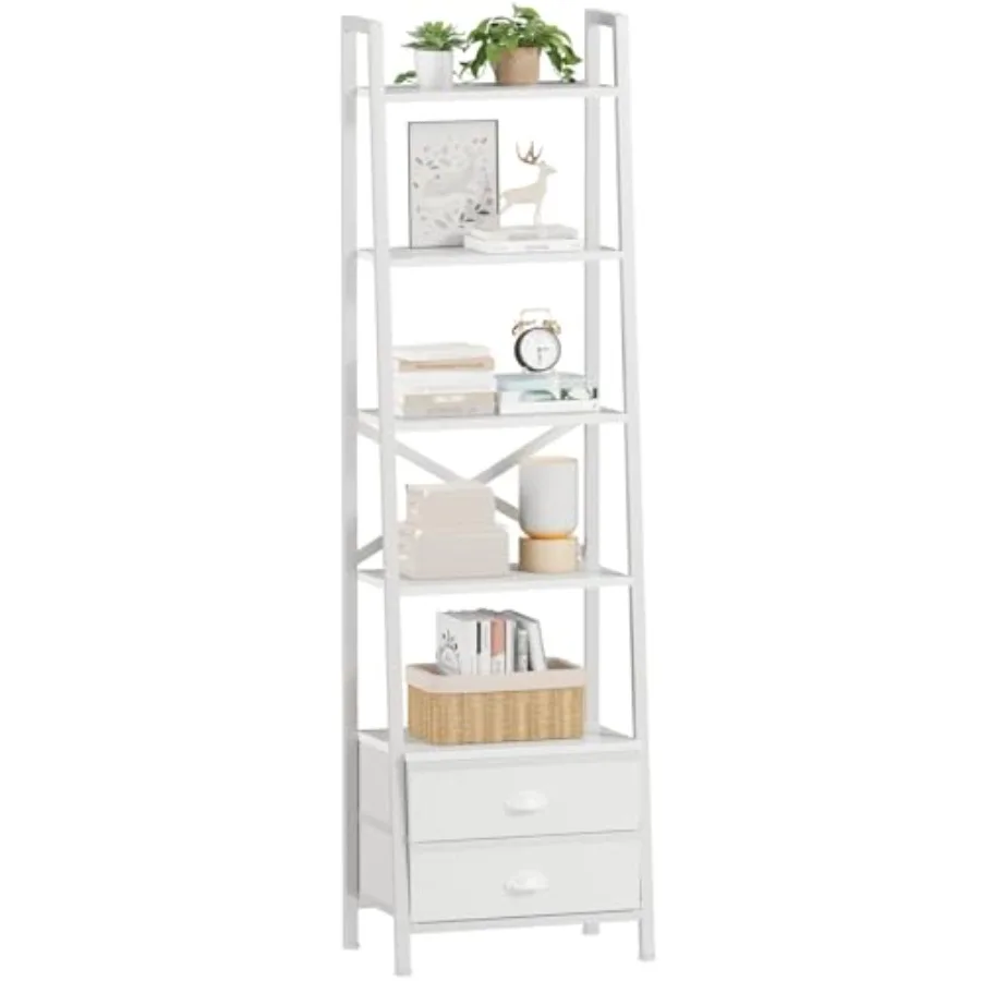 

5-Tier Ladder Shelf with 2 DrawersNarrow Bookshelf Storage Shelves Industrial Bookcase Freestanding Rack Units for Bedroom Livi