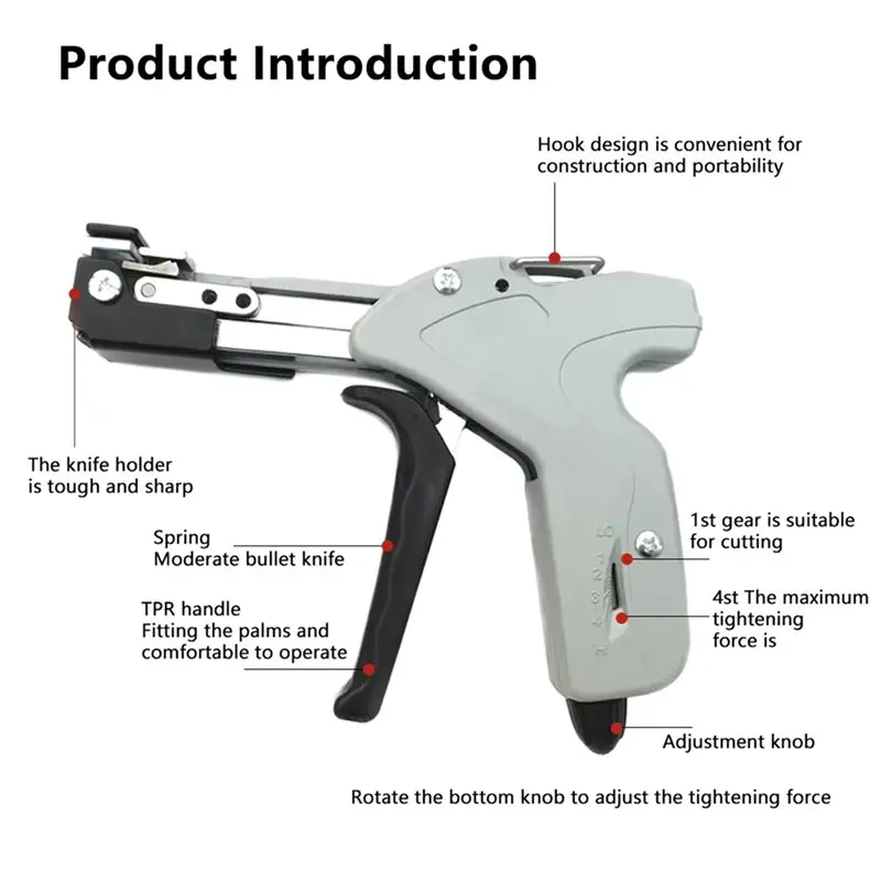 AC23-Professional Tie Kit Automatic Cable Tie Cutting Tool Adjustable Zip Tightening Force Stainless Steel