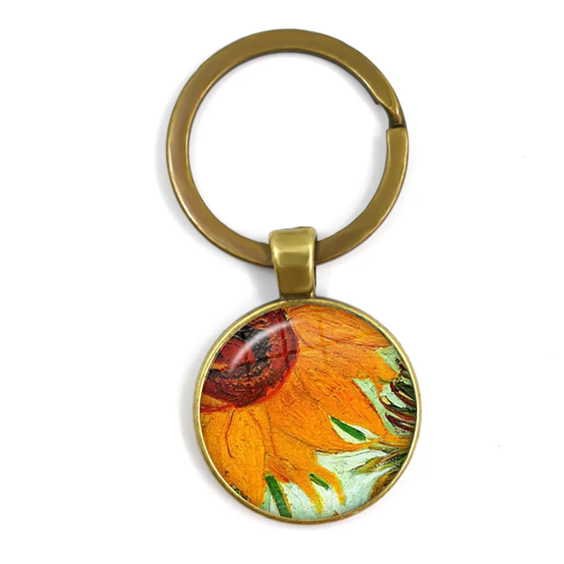 Van Gogh Almond Branch Flowering Art Keychian Sunflowers Art Vintage Bronze Glass Cabochon Key Rings Holder For Women Men Gift