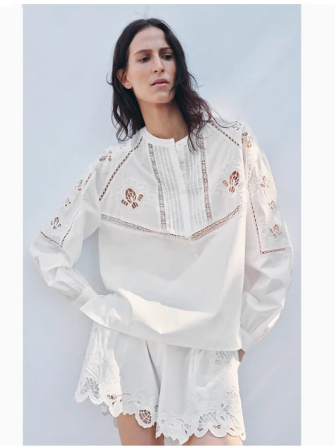 

Spring 2025 New Arrival Women's Beach Vaion Sle Embroidered Vertical Ruffle Decorated irt Top Korean Loose Fit Cotton ...