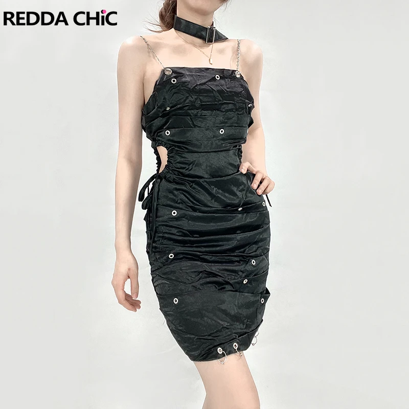 

ReddaChic Metallic Eyes Ruched Mini Bodycon Dress Women Satin Black Plain Retro Cut-out Camisole One-piece Party Formal Dresses