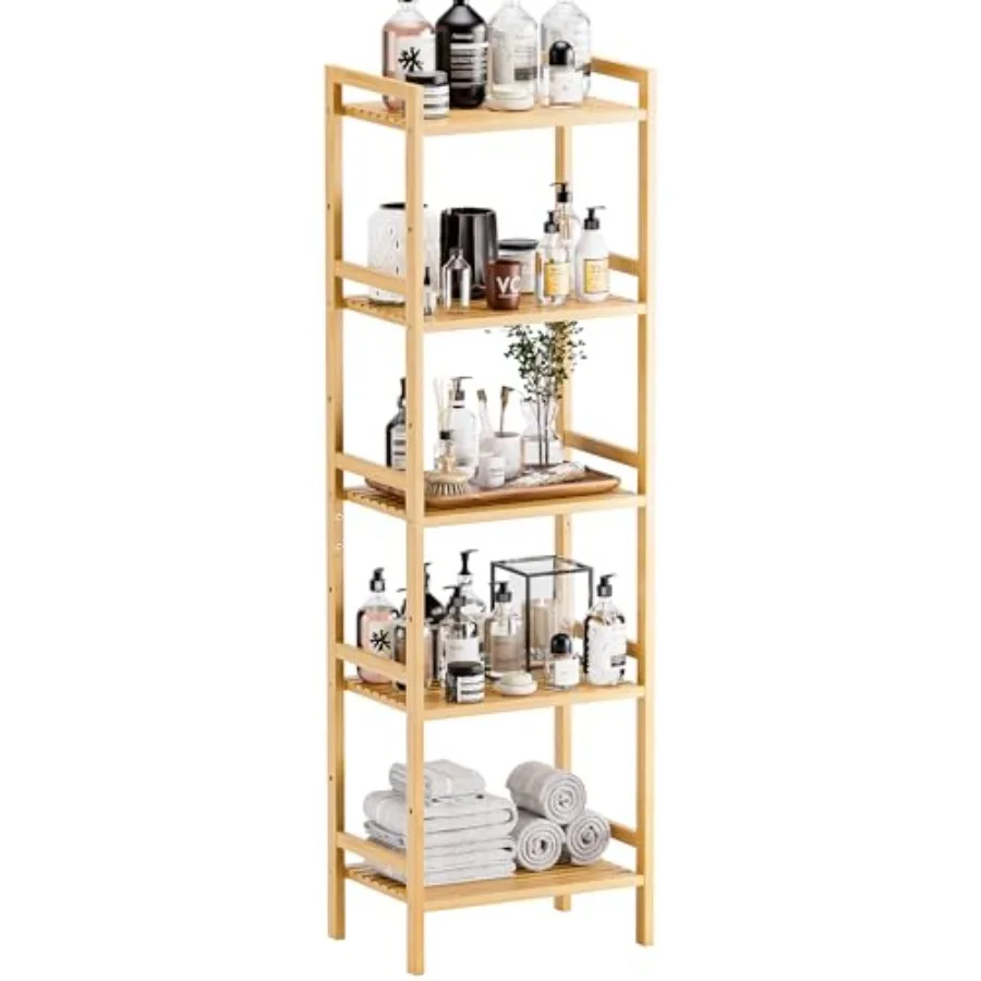 

Tall Narrow Bookshelf, 5 Tier Bathroom Shelf Bamboo, Floor Standing Display Storage Organizer for Small Space, Adjustable Shelv