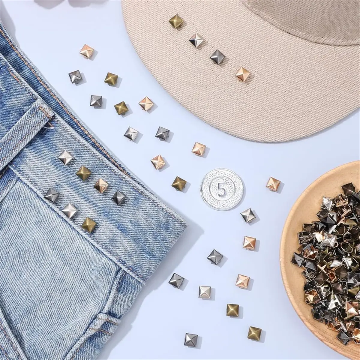 ABYA 400Pcs 7mm Silver Pyramid Studs for Clothing,4 Colors Metal Studs and Spikes 4 Prong Metal Nailhead Stud for Crafts Bags