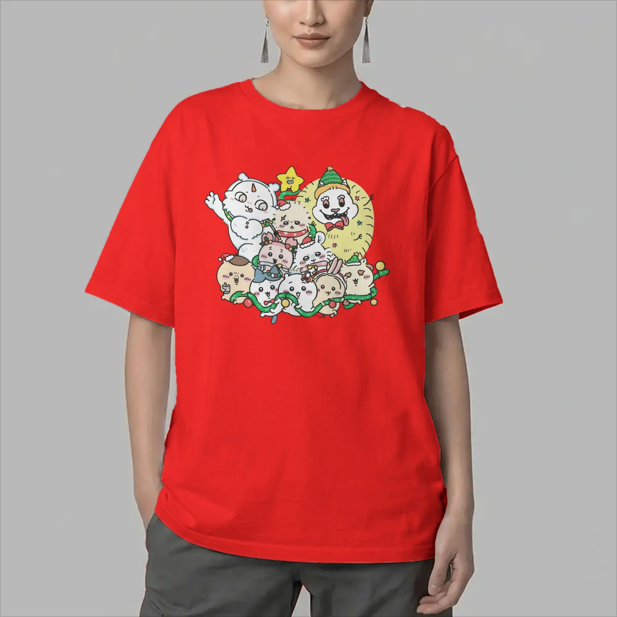 Men's T-Shirts Chiikawas Usagi Hachiware Merry Christmas Leisure Pure Cotton Tees Short Sleeve  T Shirt Crewneck Clothes Adult