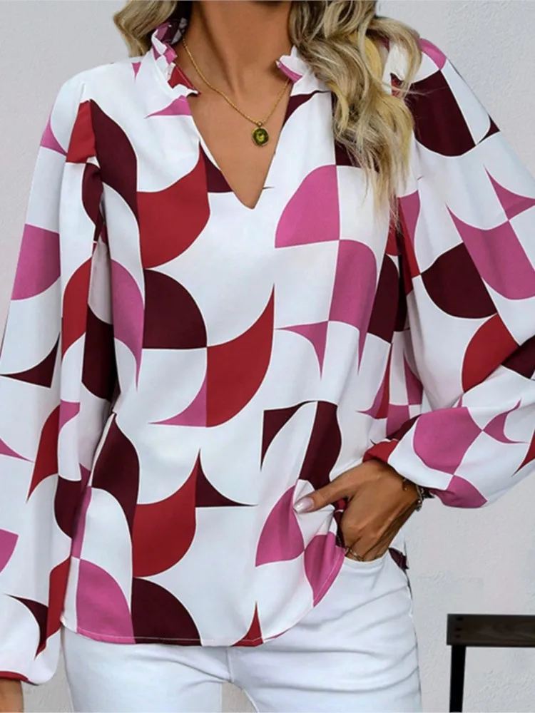 

Spring Autumn Top Geometric Print Shirt Blouse Women's Casual V-neck Long Sleeve Loose-fitting Elegant Commuting Stylish Blouses