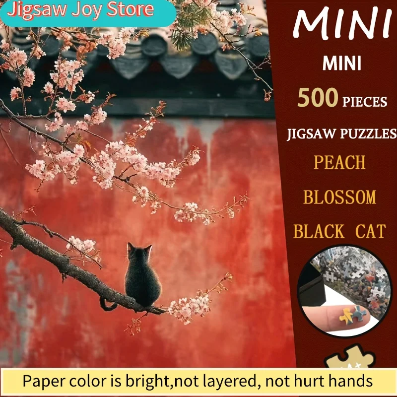 

Peach Blossom Black Cat 1Box Mini Puzzle Premium Christmas GiftTrending Holiday Whimsical Art 15x10 Inches Playful Masterpiec