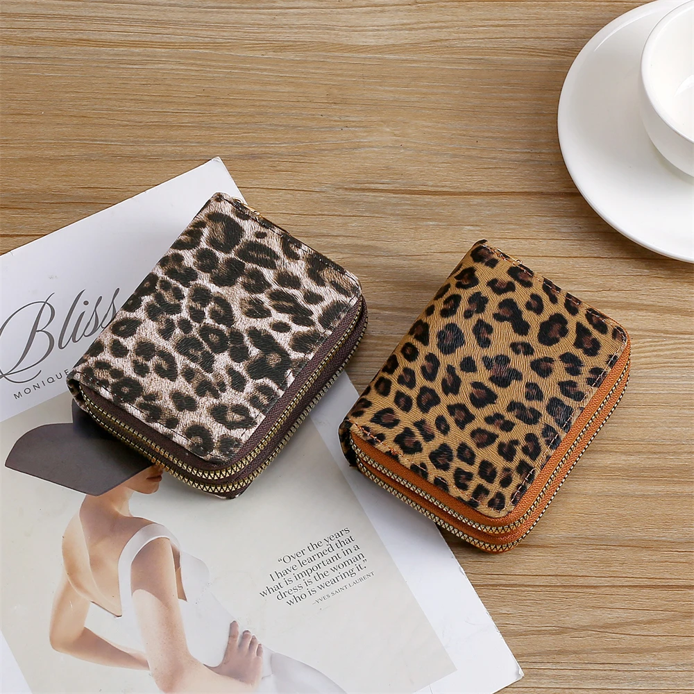 Fashion Leopard Print Women's Wallet Double Zipper Short Wallet PU Leather Multi Card Slot Wallet Large Capacity Coin Purse