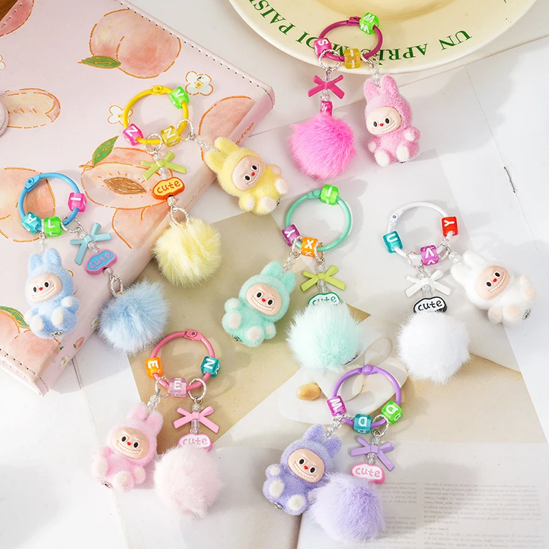 

Mini Labubu Keychain Sitting Labubu Keyring Key Chains Cute Monsters Flocking Doll Pendant for Childrens Kids Gifts
