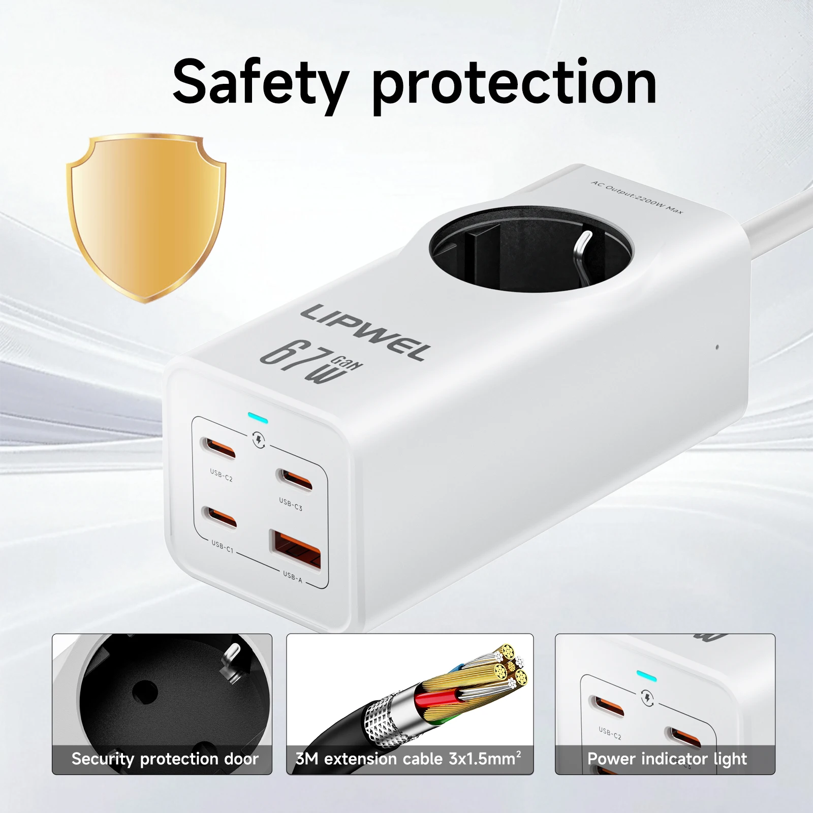67W GaN Fast Charger Power Strip, 3 USB-C + 1 USB-A + 1 AC Outlet, EU Plug Extension Lead for Simultaneous Device Charging