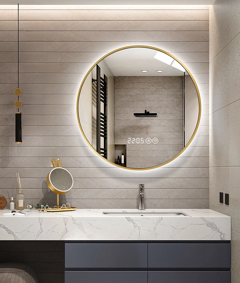 Gold Frame Smart Bathroom Mirror Light No Fog Bluetooth Metal Bathroom Mirror Round Illuminated Espejo Bathroom Accessories